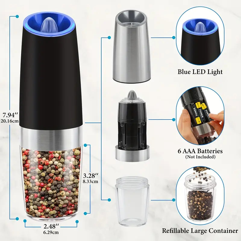 1/2 PCS Gravity Electric Salt and Pepper Grinder Set, Battery Powered LED Light One Hand Automatic Operation, Adjustable Coarseness Mill Grinders Shakers Black, Kitchen Gadgets Gift Ideas