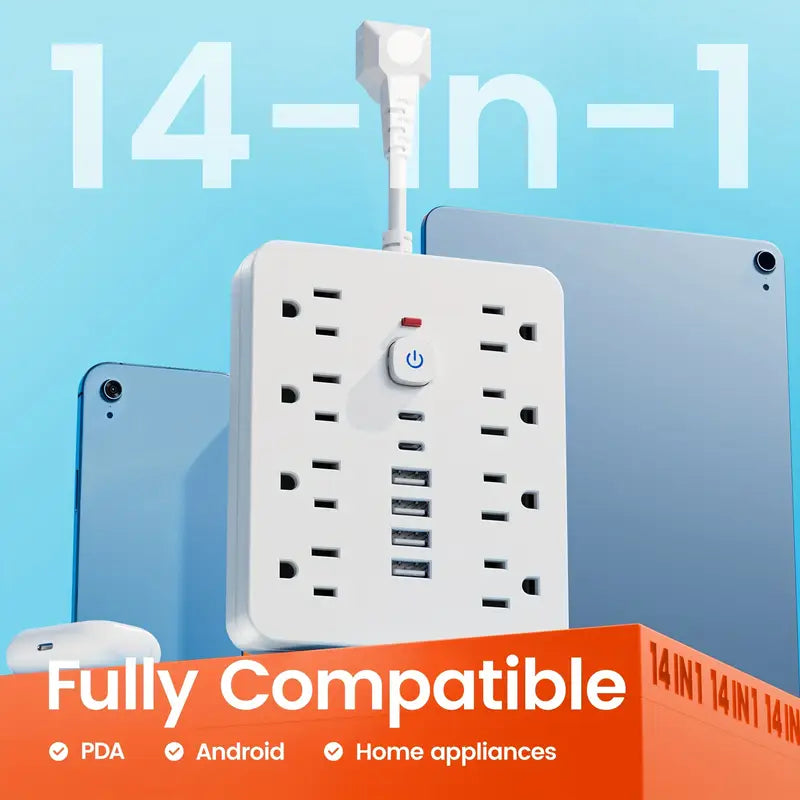 14-in-1 Power Strip with Surge Protector - 8 AC Outlets And 6 USB Ports (2 USB-C)| Flat Plug, Space Saving Design, Unique Short Cord Design, Overload Protection for Home, School, Office. Available In Black And White