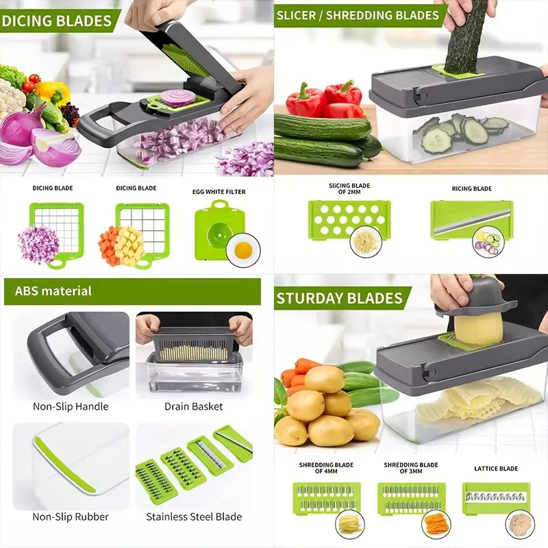 15pcs/set, Upgraded Vegetable Chopper, Multifunctional Fruit Slicer, Handle Food Grater, Vegetable Slicer, Cutter with Container, Onion Mincer Chopper with Multiple Interchangeable Blades, Household Potato Shredder, Kitchen Stuff, Kitchen Gadgets