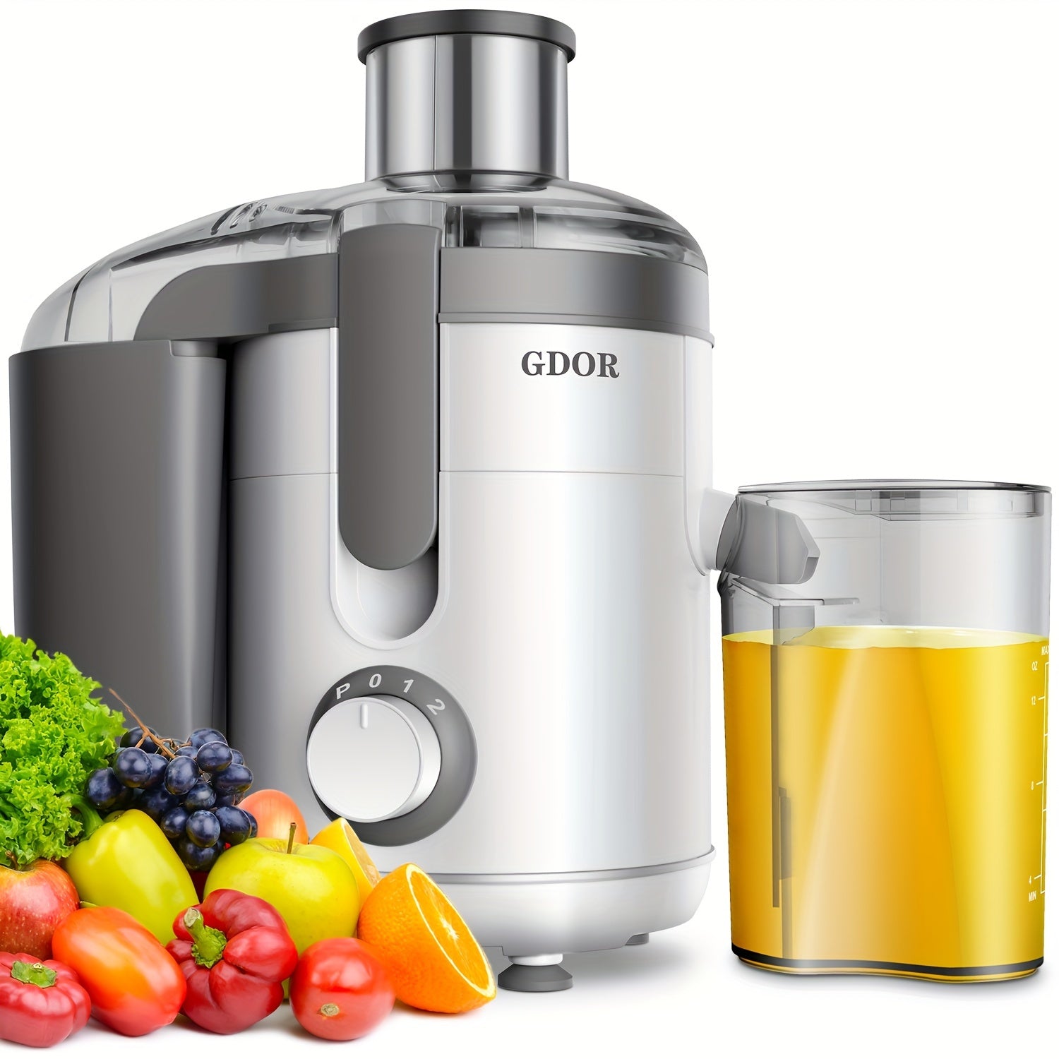 GDOR Centrifugal Juicer Machines, Dual Speeds Juice Maker With 2.5" Feed Chute, For Fruits And Veggies, Anti-Drip, Includes Juice Jug, Cleaning Brush, BPA-Free, White.