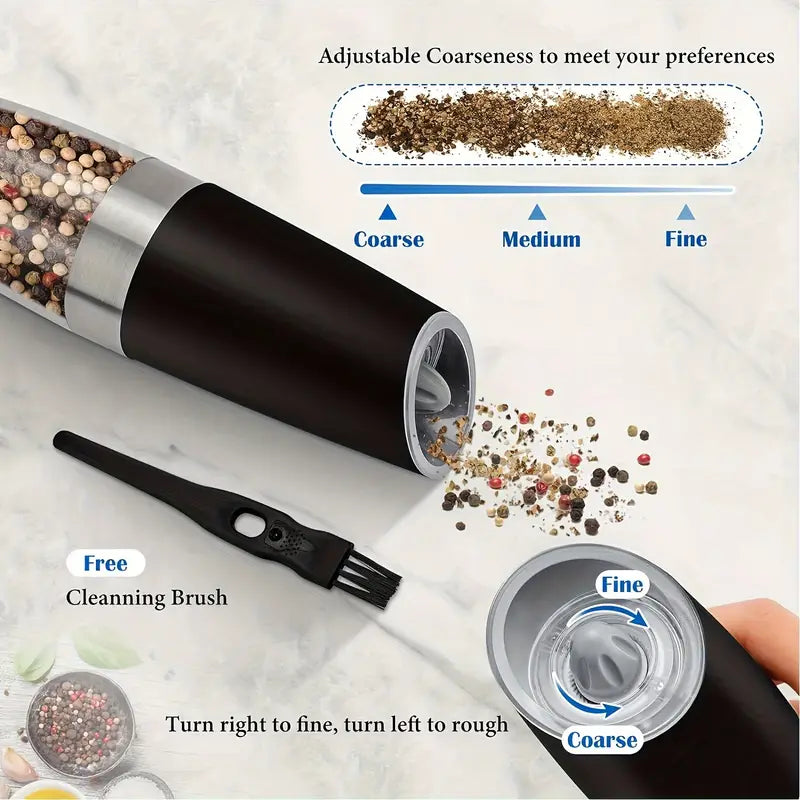 1/2 PCS Gravity Electric Salt and Pepper Grinder Set, Battery Powered LED Light One Hand Automatic Operation, Adjustable Coarseness Mill Grinders Shakers Black, Kitchen Gadgets Gift Ideas