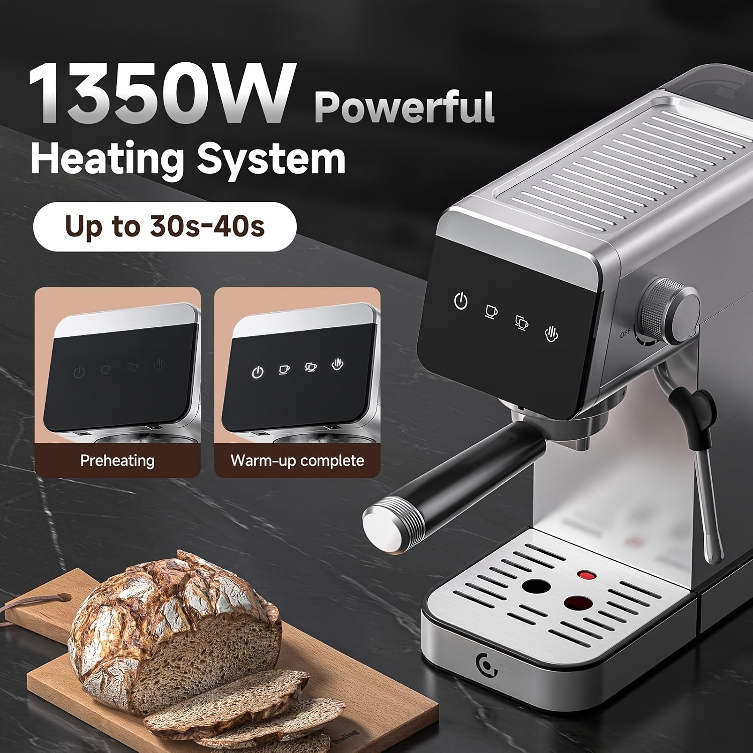 1350W Stainless Steel Coffee Maker with LED Touchscreen, Instant Steam Wand & Removable Water Tank - Compact Espresso Machine for Latte/Cappuccino, Home Barista Starter Kit, 120V Plug Powered, Modern Metal Finish, Home Coffee Machine | Modern Coffee Maker