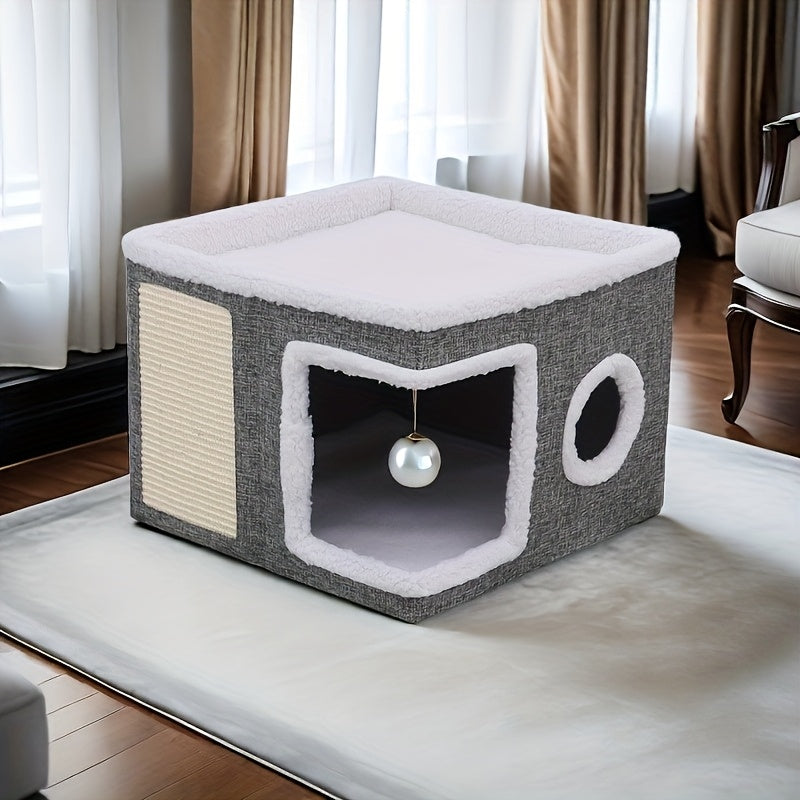 Luxury Multi-Level Cat House - 2-Layer Bed, Toy Tunnel, Foldable Sofa, Climbing Rope, & Soft Cushions - Indoor/Outdoor Cat Play Cube With Velvet Suspender Balls, Durable Nylon Frame, And Weatherproof And Canvas Ma- Perfect Home For Year-Round Comfort