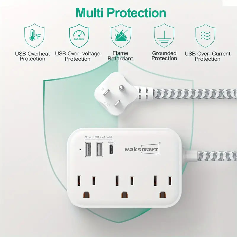 6-in-1 Surge Protector Power Strip with 3 Widely Spaced Outlets & 3 USB Ports (1 USB-C) - 980J Surge Protection, 5ft Braided Flat Extension Cord, Slim Compact Design for Home Office Dorm Travel - ETL Listed