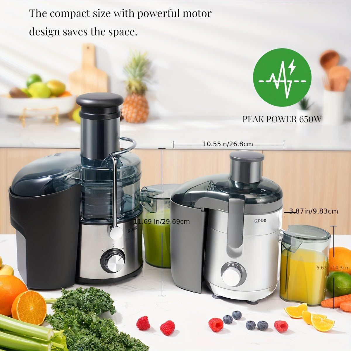 GDOR Centrifugal Juicer Machines, Dual Speeds Juice Maker With 2.5" Feed Chute, For Fruits And Veggies, Anti-Drip, Includes Juice Jug, Cleaning Brush, BPA-Free, White.
