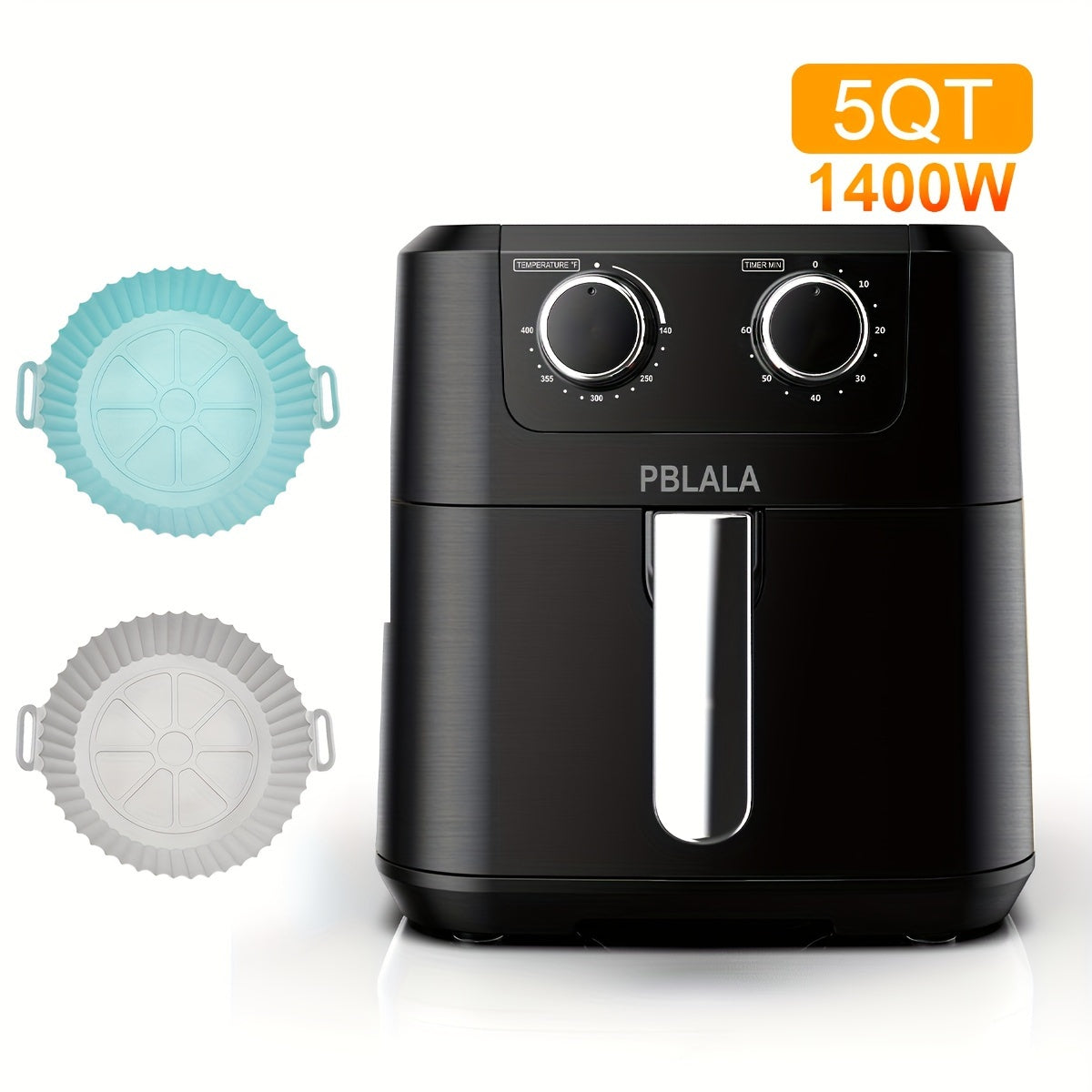 5QT Air Fryer with 2 Silicone Baking Pans | Nonstick, User Friendly | Timer & Temperature Controls | Double Knob Design | Air Fryer | with Recipes Available | 1400W
