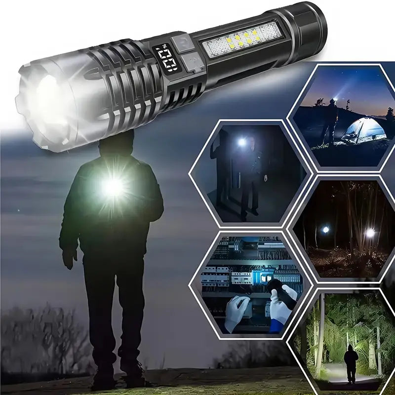 2PACKS High Lumens Rechargeable LED Flashlights Ultra-Bright Flashlights 5 Modes with COB Light Tactical Accessories Zoom-able Torch Handheld Digital Display Flashlight for Outdoor Fishing Survival Hunting Camping Gear And Equipment BLACK Accessories