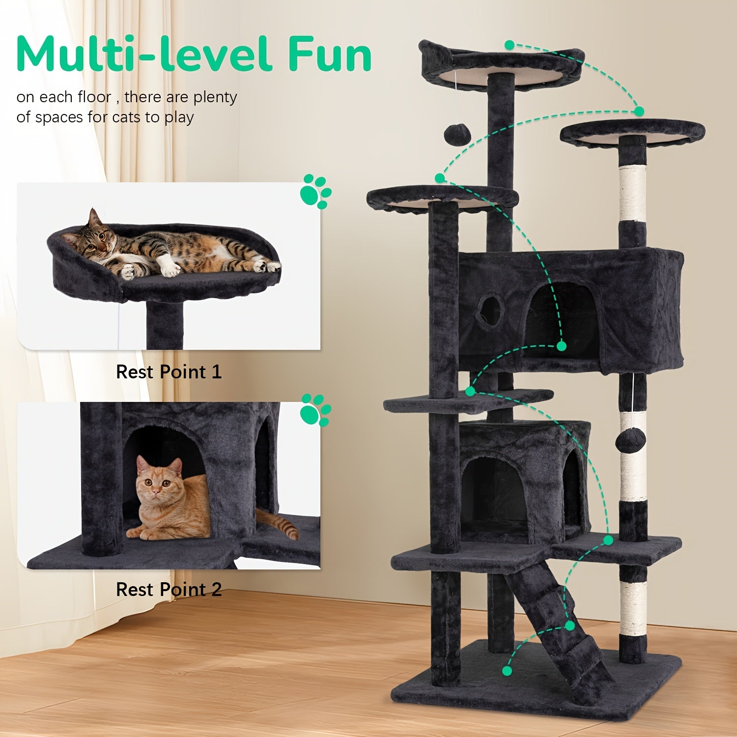 54/70" Multi-Level Cat Tree Tower with Scratching Posts & Cozy Condos, Space-Saving Indoor Cat Playhouse, Durable Plywood Construction, Fun Jumping Platforms, Multiple Colors Available for Cats