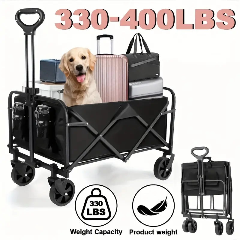 Collapsible Folding Wagon Cart, Large Capacity Camping Wagon, All Terrain Foldable Pet stroller, Heavy Duty Utility Wagon Cart for Grocery Outdoor Beach Gardening Shopping Pet outings Fishing Black, Perfect Christmas Gift