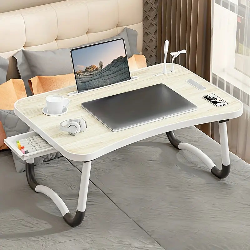 Portable Laptop Bed Table With Cup Holder And Drawer, Multifunctional Tray Holder With Tablet Card Slot-Perfect For Eating, Reading, Writing On The Bed, Sofa, Or Floor - Stable, Durable, And Foldable