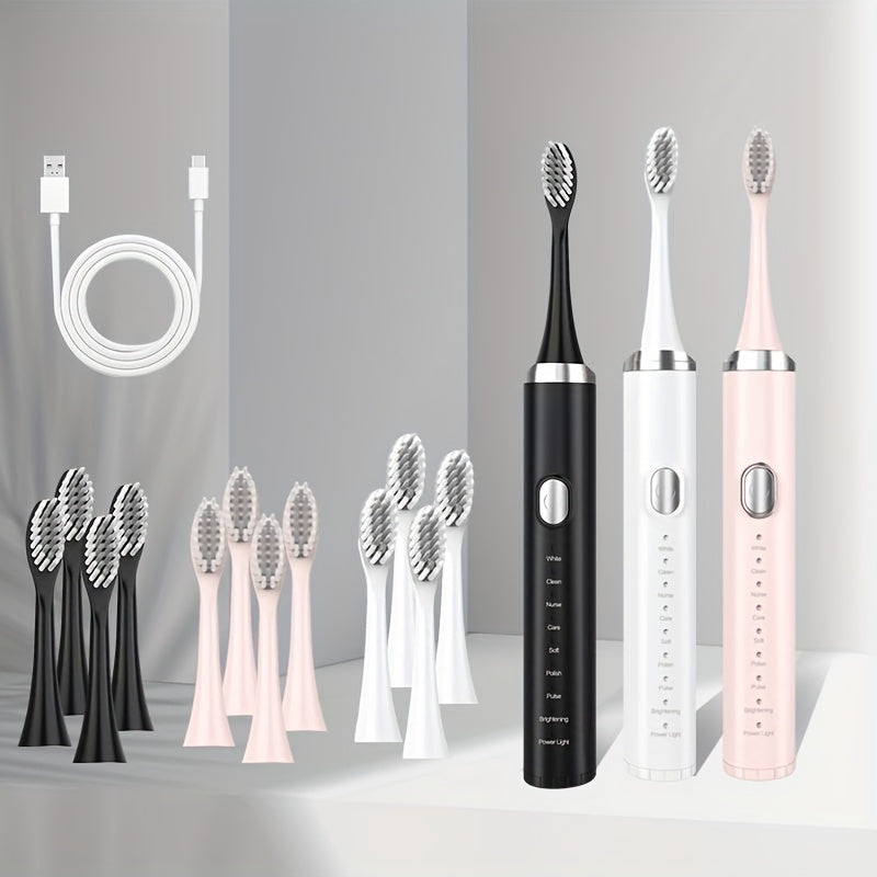 Smart electric toothbrush with 9 modes - effectively cleans teeth and gums, rechargeable USB-powered brush head included, suitable for adults, available in three color options, an excellent gift choice