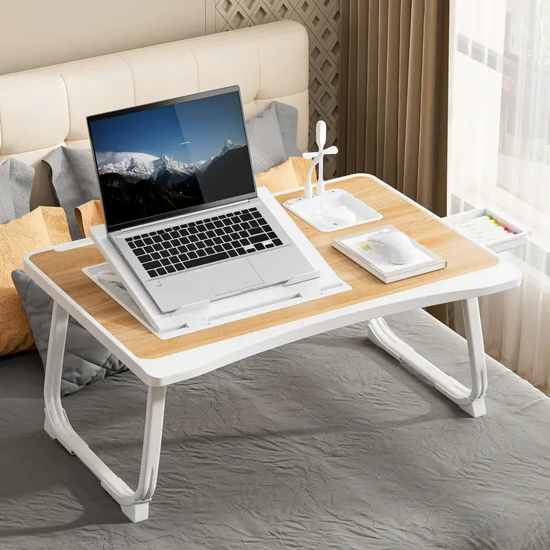 Portable Laptop Bed Table With Cup Holder And Drawer, Multifunctional Tray Holder With Tablet Card Slot-Perfect For Eating, Reading, Writing On The Bed, Sofa, Or Floor - Stable, Durable, And Foldable