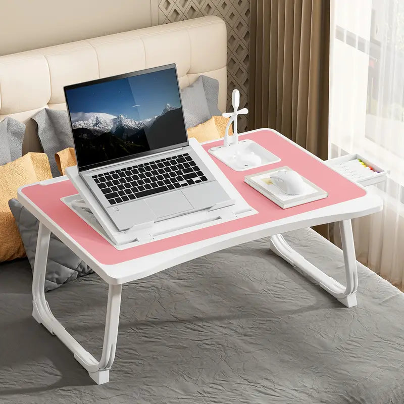Portable Laptop Bed Table With Cup Holder And Drawer, Multifunctional Tray Holder With Tablet Card Slot-Perfect For Eating, Reading, Writing On The Bed, Sofa, Or Floor - Stable, Durable, And Foldable
