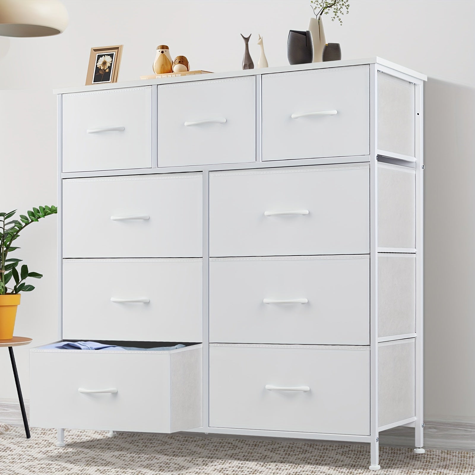 Idle Way 9-Drawer Dresser with Metal Frame & Wooden Tabletop - Freestanding Wardrobe Organizer for Living Room, Office, Entryway, Storage Tower, Dressers for Bedroom, Entryway Cabinet, Classic Design, Sturdy Construction, Fabric Drawer Covers