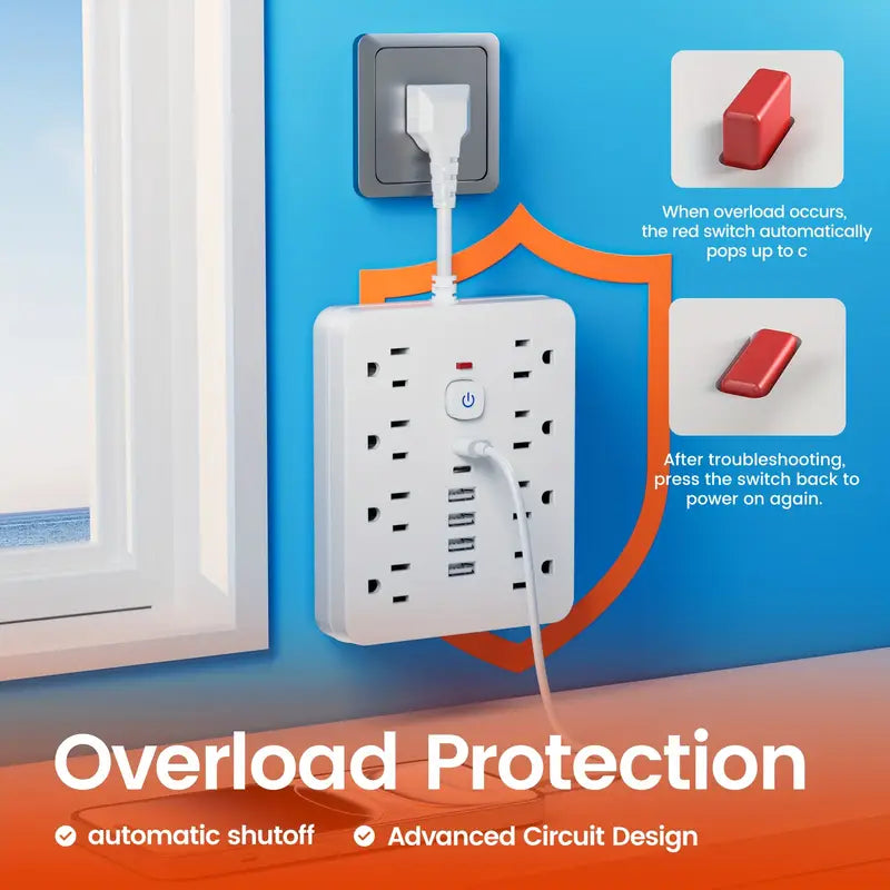 14-in-1 Power Strip with Surge Protector - 8 AC Outlets And 6 USB Ports (2 USB-C)| Flat Plug, Space Saving Design, Unique Short Cord Design, Overload Protection for Home, School, Office. Available In Black And White