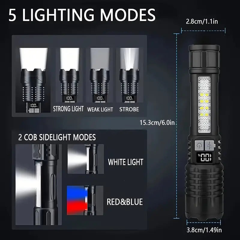 2PACKS High Lumens Rechargeable LED Flashlights Ultra-Bright Flashlights 5 Modes with COB Light Tactical Accessories Zoom-able Torch Handheld Digital Display Flashlight for Outdoor Fishing Survival Hunting Camping Gear And Equipment BLACK Accessories