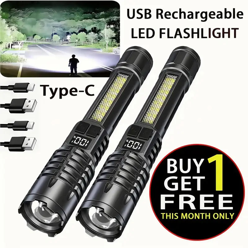 2PACKS High Lumens Rechargeable LED Flashlights Ultra-Bright Flashlights 5 Modes with COB Light Tactical Accessories Zoom-able Torch Handheld Digital Display Flashlight for Outdoor Fishing Survival Hunting Camping Gear And Equipment BLACK Accessories