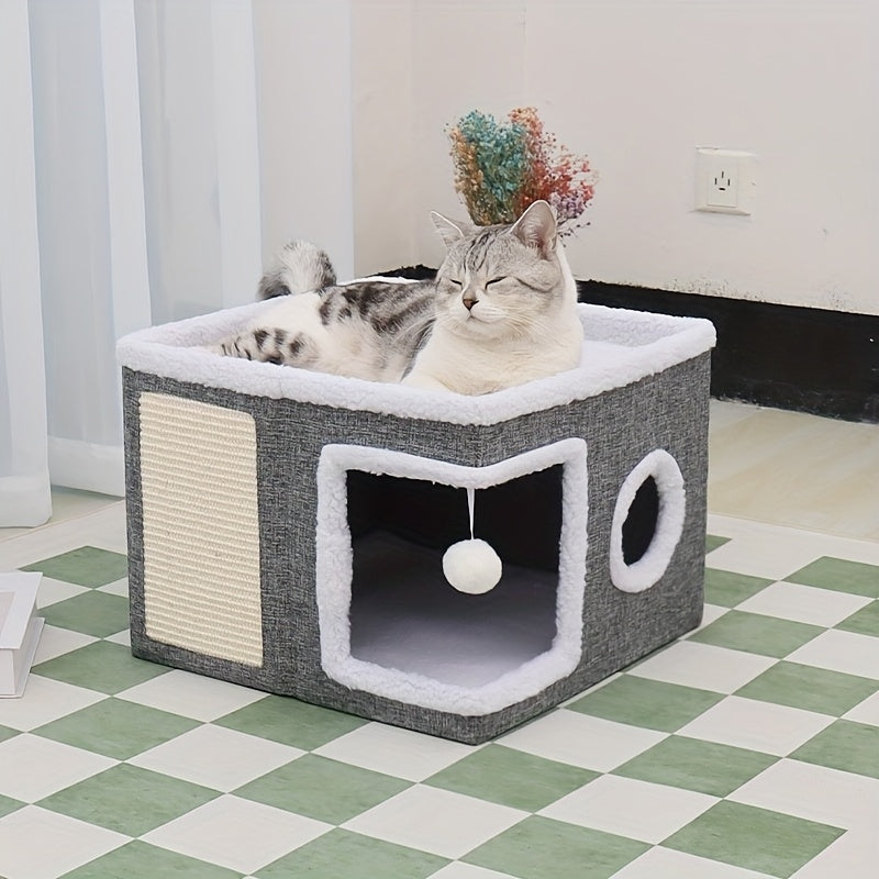 Luxury Multi-Level Cat House - 2-Layer Bed, Toy Tunnel, Foldable Sofa, Climbing Rope, & Soft Cushions - Indoor/Outdoor Cat Play Cube With Velvet Suspender Balls, Durable Nylon Frame, And Weatherproof And Canvas Ma- Perfect Home For Year-Round Comfort