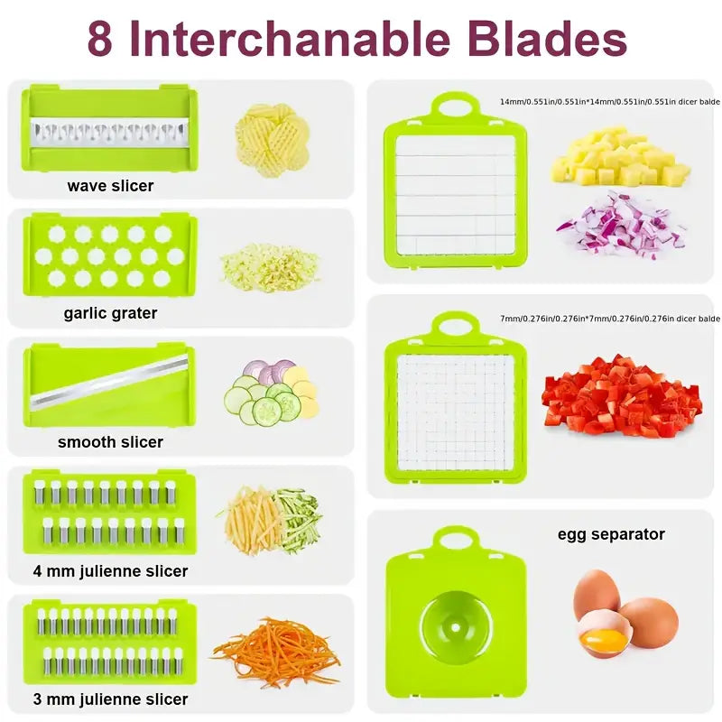 15pcs/set, Upgraded Vegetable Chopper, Multifunctional Fruit Slicer, Handle Food Grater, Vegetable Slicer, Cutter with Container, Onion Mincer Chopper with Multiple Interchangeable Blades, Household Potato Shredder, Kitchen Stuff, Kitchen Gadgets