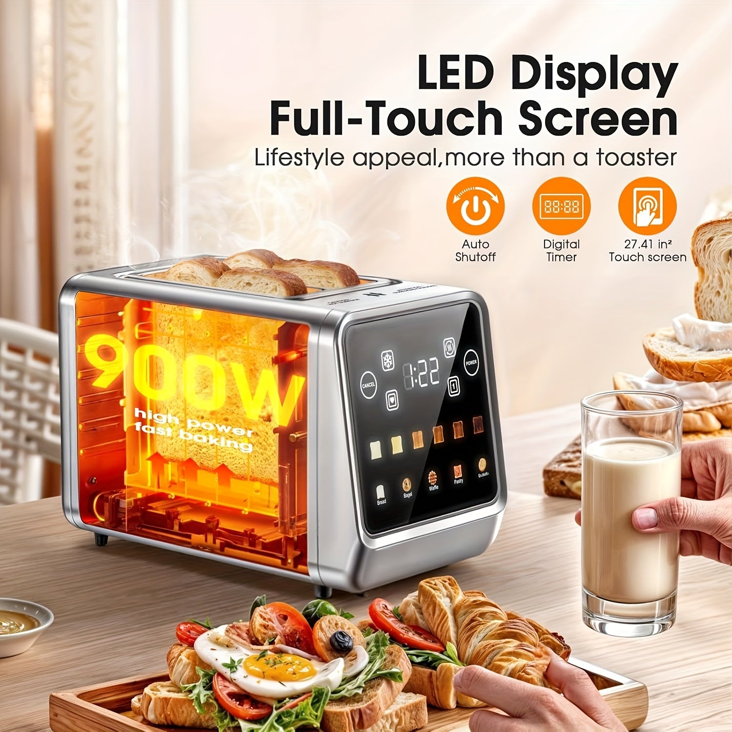 Touch Screen Toaster 2 Slice, Stainless Steel Smart Digital Toasters With Memory Function, 5 Bread Types & 6 Shade Settings, 1.5" Toasters 2 Slice Wide Slot, 900W.