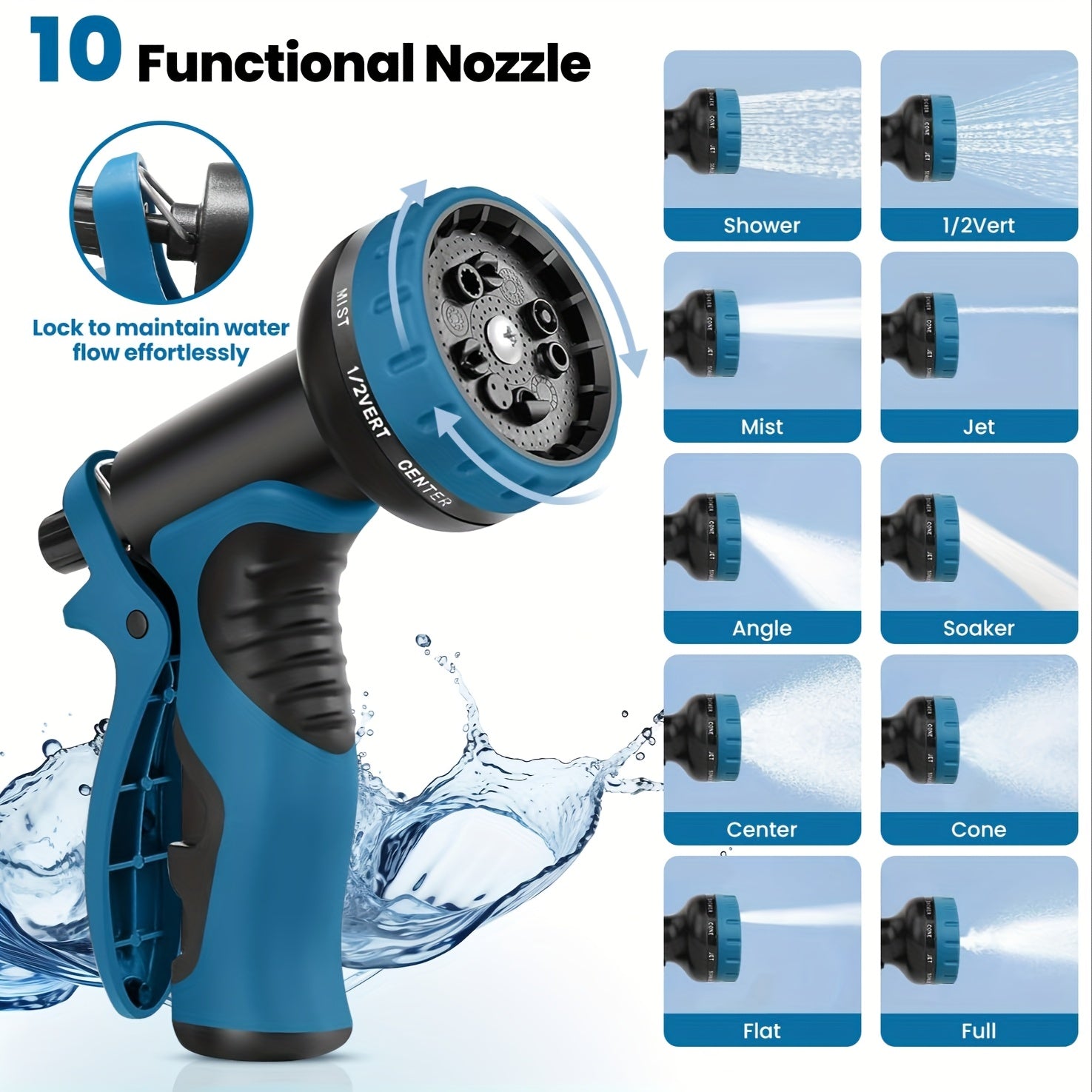 100ft Garden Hose With 10-Function High-Pressure Spray Nozzle, Lightweight, Non-Expandable Water Hose For Yard, Lawn, Car Wash & Outdoor Use, 25/50/75/100FT Choosable