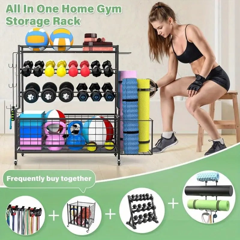 1 pcs Dumbbell Rack, Balls Workout Equipment Storage Organizer Yoga Mat with Hooks and Wheels
