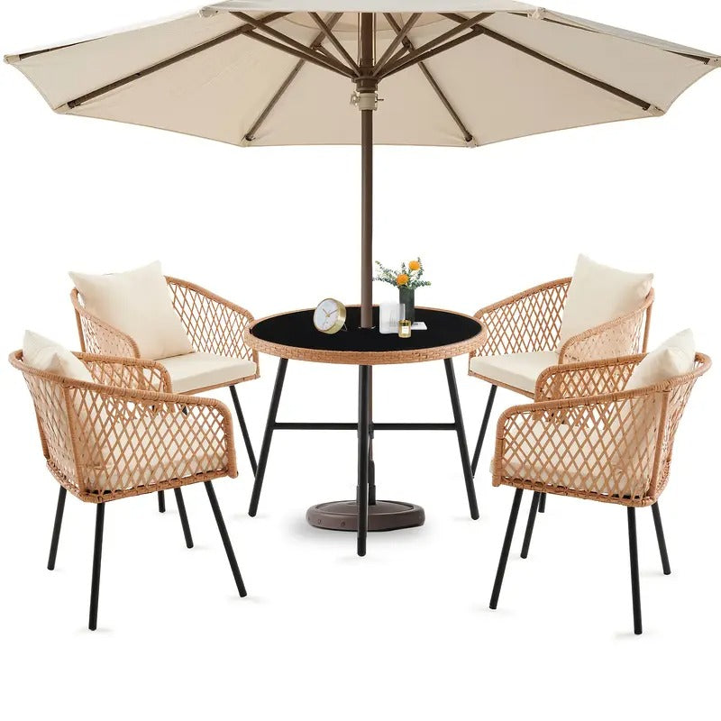 5pcs Patio Dining Table Set With Umbrella Hole, Rattan Outdoor Furniture Set, 4 Cushioned Chairs & Glass Table For Lawn, Deck, Backyard, Garden, Porch(No Umbrella)