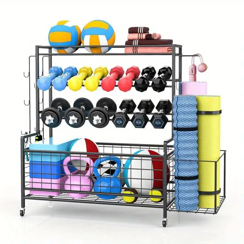 1 pcs Dumbbell Rack, Balls Workout Equipment Storage Organizer Yoga Mat with Hooks and Wheels