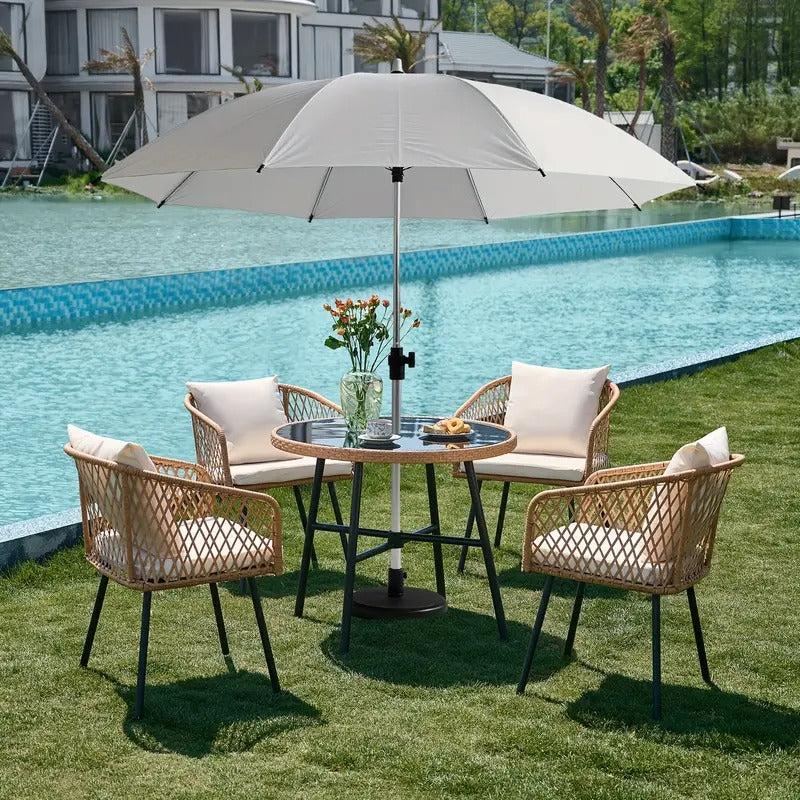 5pcs Patio Dining Table Set With Umbrella Hole, Rattan Outdoor Furniture Set, 4 Cushioned Chairs & Glass Table For Lawn, Deck, Backyard, Garden, Porch(No Umbrella)