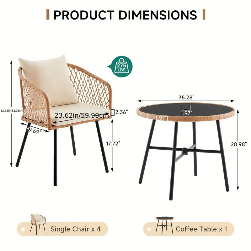 5pcs Patio Dining Table Set With Umbrella Hole, Rattan Outdoor Furniture Set, 4 Cushioned Chairs & Glass Table For Lawn, Deck, Backyard, Garden, Porch(No Umbrella)