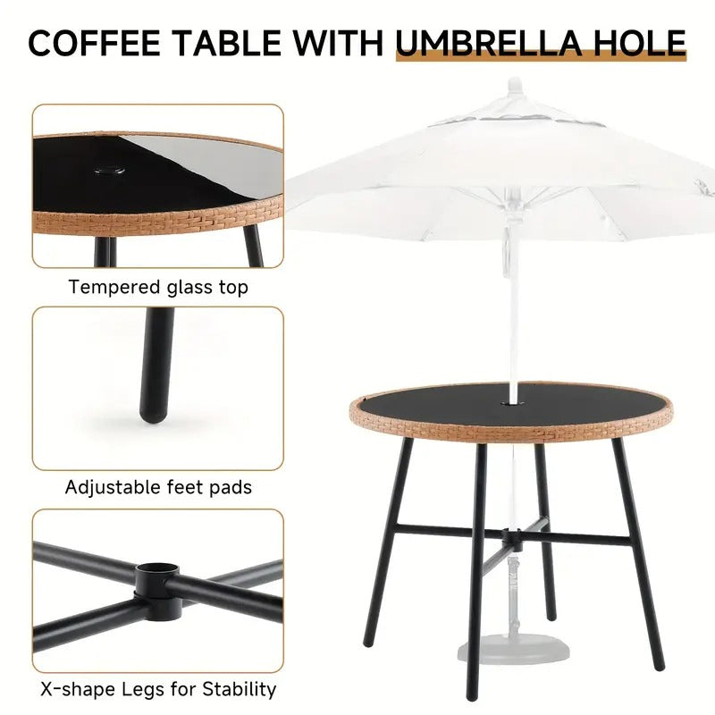 5pcs Patio Dining Table Set With Umbrella Hole, Rattan Outdoor Furniture Set, 4 Cushioned Chairs & Glass Table For Lawn, Deck, Backyard, Garden, Porch(No Umbrella)