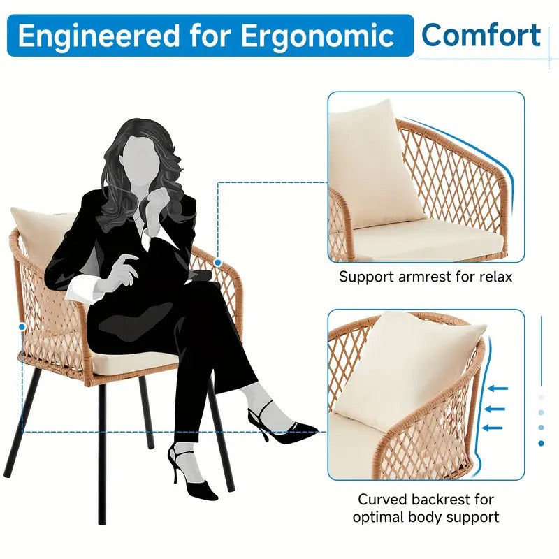 5pcs Patio Dining Table Set With Umbrella Hole, Rattan Outdoor Furniture Set, 4 Cushioned Chairs & Glass Table For Lawn, Deck, Backyard, Garden, Porch(No Umbrella)