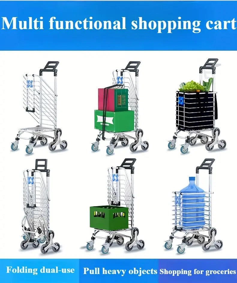 1pc Foldable 8-wheel Shopping Cart, Grocery Cart, Front Wheel With Brake, Rear Wheel Can Climb Stairs, Thick Aluminum Alloy Frame, Strong Load-bearing Capacity, Meets Daily Shopping, Transportation, Handling And Other Needs