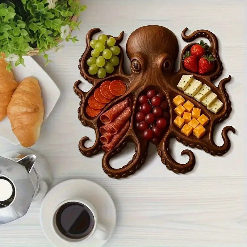 Octopus Shape Charcuterie Board- Wooden Material with Tentacle Grooves, Suitable for Appetizers, Cheese, and Meat- Elegant Seafood Serving Plate- Ideal for Parties, Snacks, and Cold Cuts- Kitchen and Dining