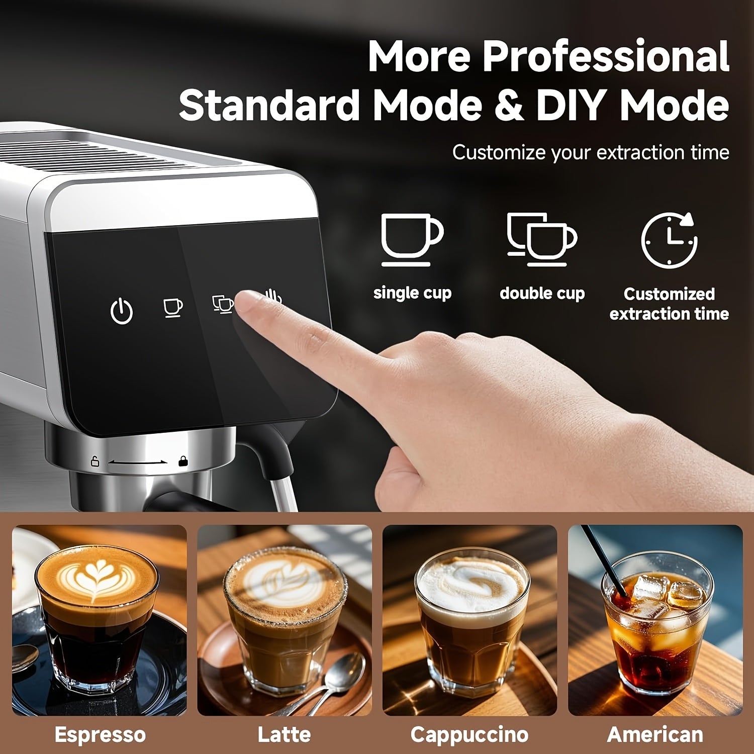 1350W Stainless Steel Coffee Maker with LED Touchscreen, Instant Steam Wand & Removable Water Tank - Compact Espresso Machine for Latte/Cappuccino, Home Barista Starter Kit, 120V Plug Powered, Modern Metal Finish, Home Coffee Machine | Modern Coffee Maker