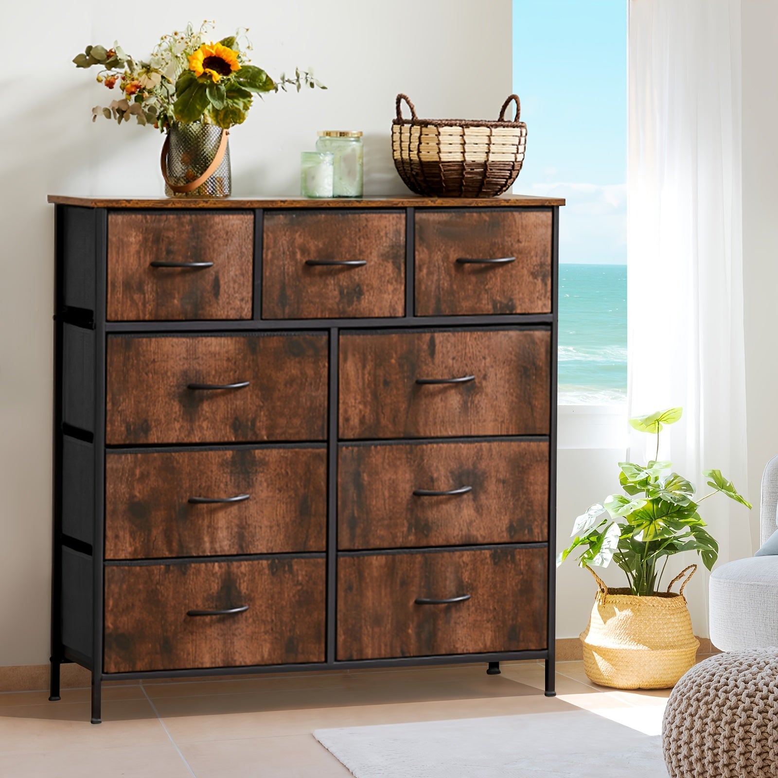 Idle Way 9-Drawer Dresser with Metal Frame & Wooden Tabletop - Freestanding Wardrobe Organizer for Living Room, Office, Entryway, Storage Tower, Dressers for Bedroom, Entryway Cabinet, Classic Design, Sturdy Construction, Fabric Drawer Covers