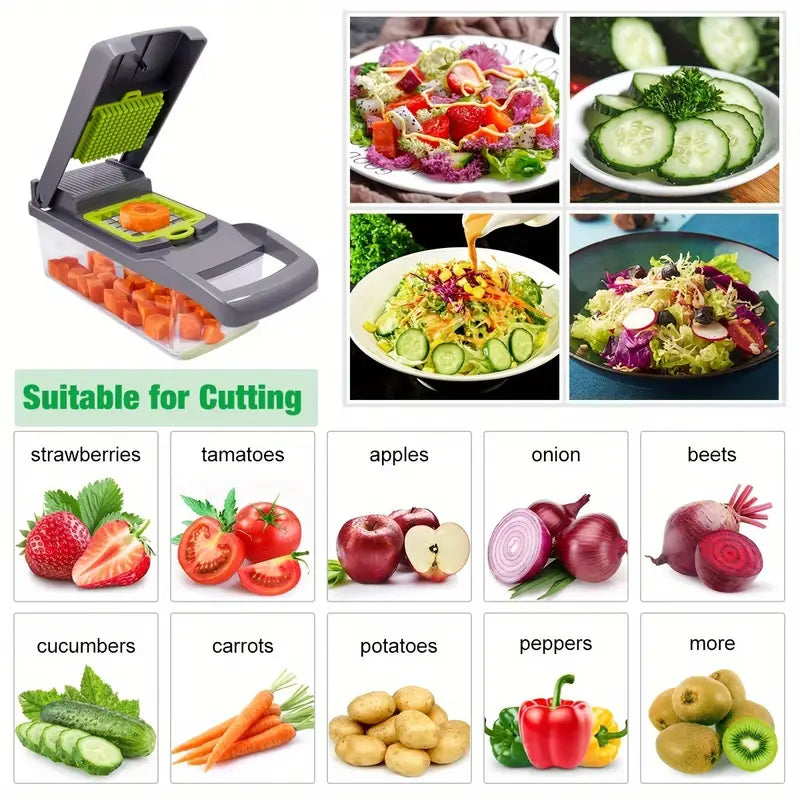 15pcs/set, Upgraded Vegetable Chopper, Multifunctional Fruit Slicer, Handle Food Grater, Vegetable Slicer, Cutter with Container, Onion Mincer Chopper with Multiple Interchangeable Blades, Household Potato Shredder, Kitchen Stuff, Kitchen Gadgets
