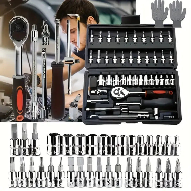 [Fast Arrival] 46pcs/53pcs Professional Automotive Master Tool Kit - Premium Tool Sets For Car, Bike, And Motorcycle Maintenance - Compact, Portable, And All-In-One Solution With Ratchet Wrench, Assorted Screwdriver Set, Without Battery