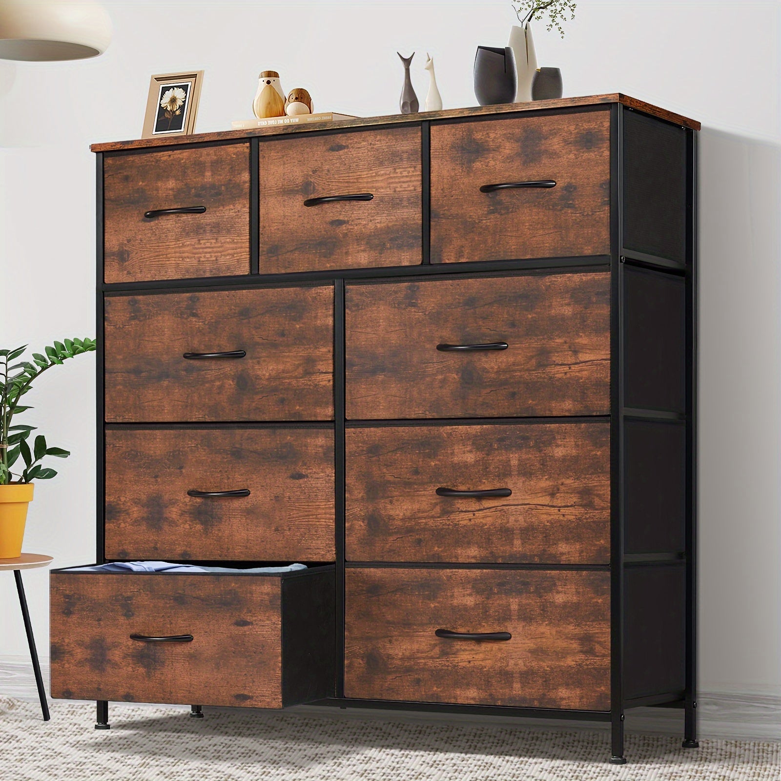 Idle Way 9-Drawer Dresser with Metal Frame & Wooden Tabletop - Freestanding Wardrobe Organizer for Living Room, Office, Entryway, Storage Tower, Dressers for Bedroom, Entryway Cabinet, Classic Design, Sturdy Construction, Fabric Drawer Covers