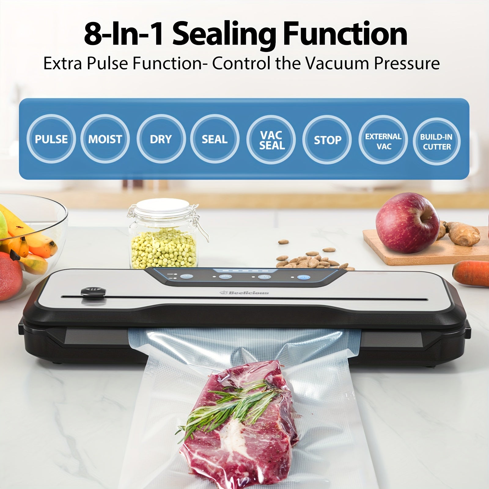 Beelicious Vacuum Sealer Machine, with Starter Kit, Beelicious Automatic Air Sealing System for Food Storage, with Build-In Cutter, Moist Mode, Air Suction Hose| LED Indicator | Quiet | 50% Compact | Sous Vide