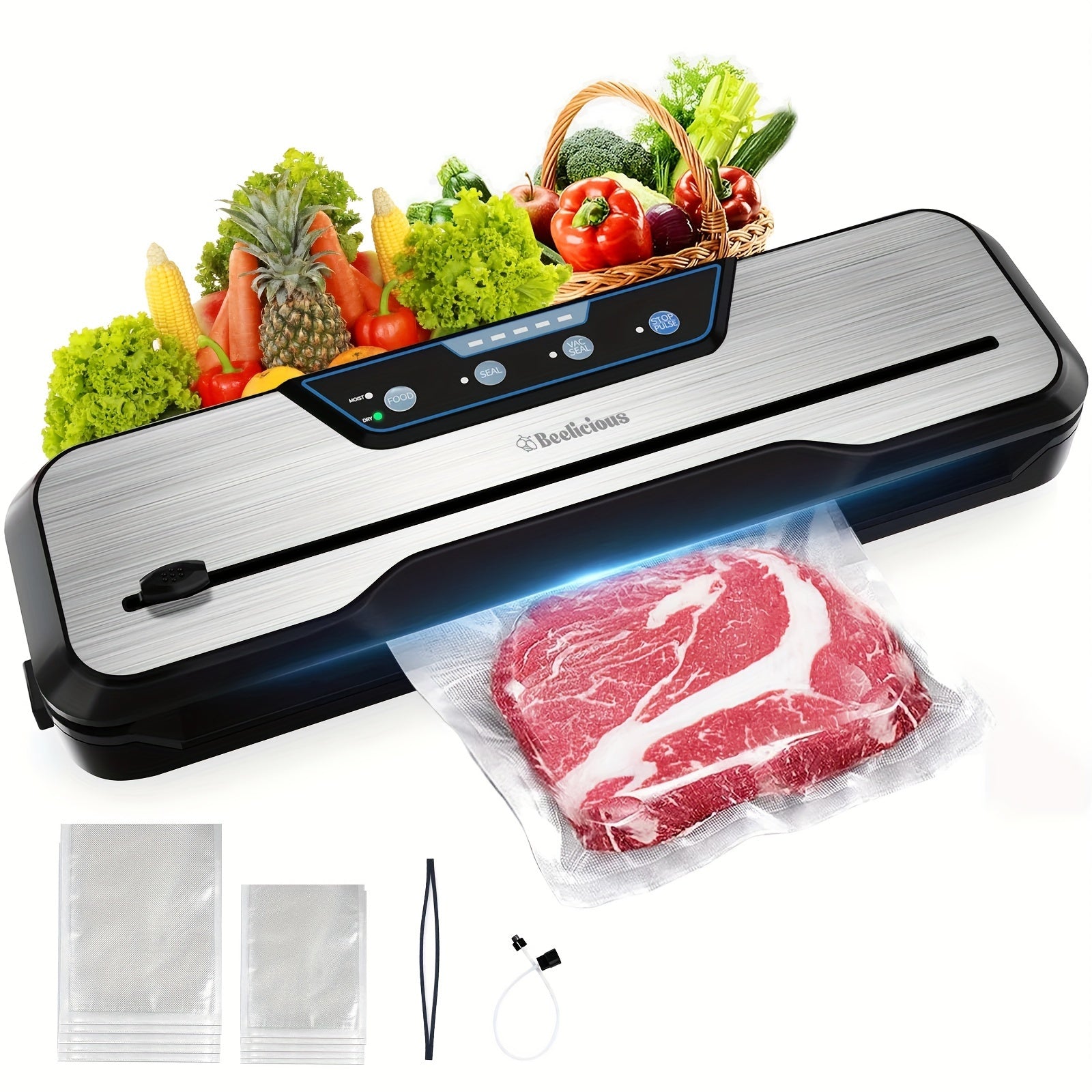 Beelicious Vacuum Sealer Machine, with Starter Kit, Beelicious Automatic Air Sealing System for Food Storage, with Build-In Cutter, Moist Mode, Air Suction Hose| LED Indicator | Quiet | 50% Compact | Sous Vide