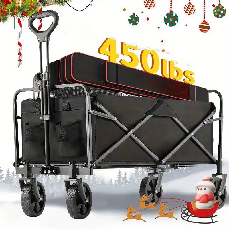 Collapsible Folding Wagon Cart, Large Capacity Camping Wagon, All Terrain Foldable Pet stroller, Heavy Duty Utility Wagon Cart for Grocery Outdoor Beach Gardening Shopping Pet outings Fishing Black, Perfect Christmas Gift