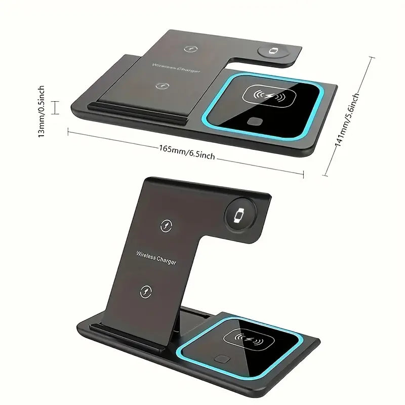TIMESS-Wireless Charging Station 3-in-1 Standard 15W Fast Mag-Safe Charger Stand with QC3.0 Adapter, Suitable for iPhone 15 14 13 12 11 X 8 Pro Max/Pro/Mini/Plus, for iWatch Ultra 9/8 7/6/5/4/3/2, for Airpods 3/2