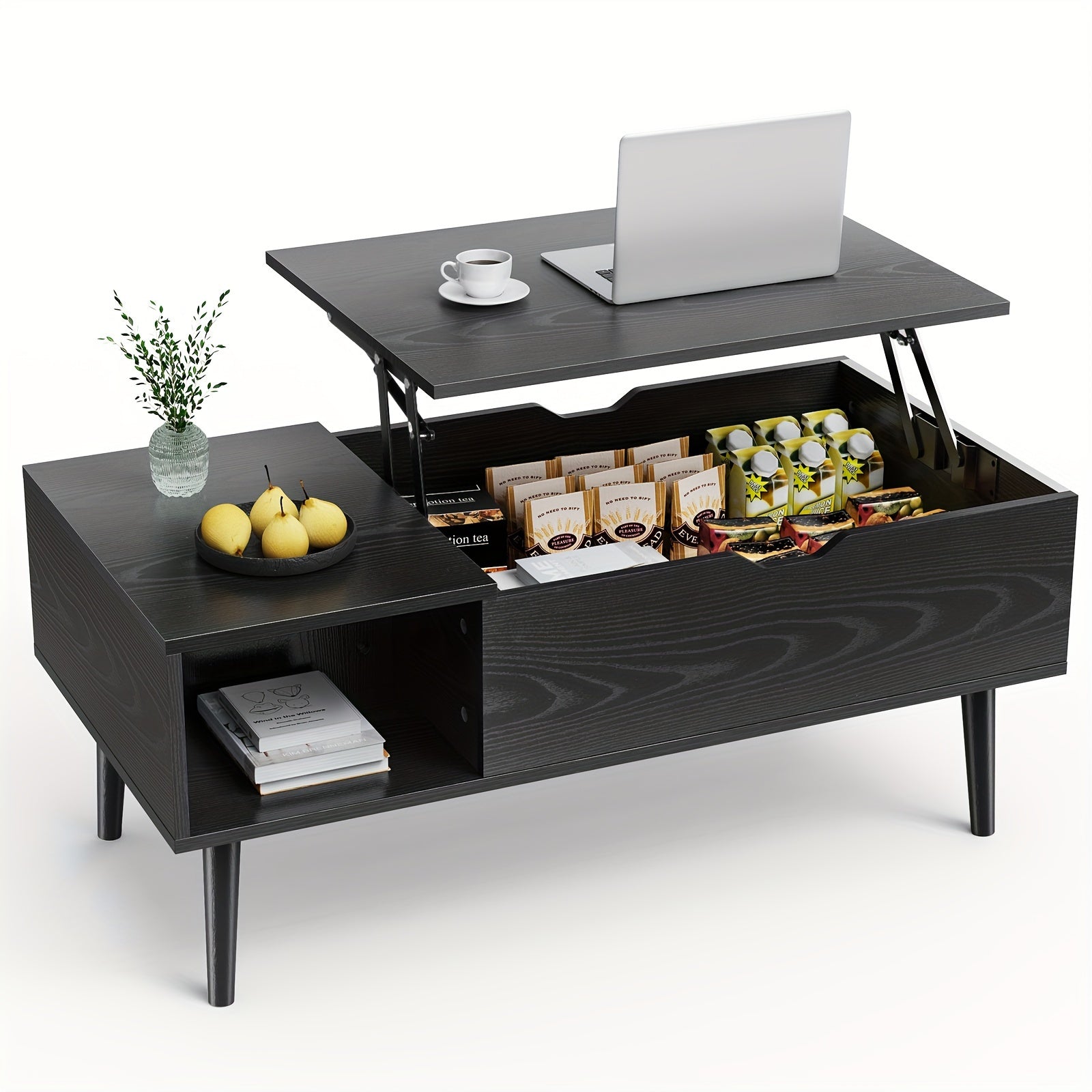 Elegant Black Coffee Table For Living Room - Lift Top Design Offering Versatility. Small Rising Wooden Dining Center Table With Storage Shelf And Hidden Compartment, Ideal For Organizing And Enhancing Your Living Space.