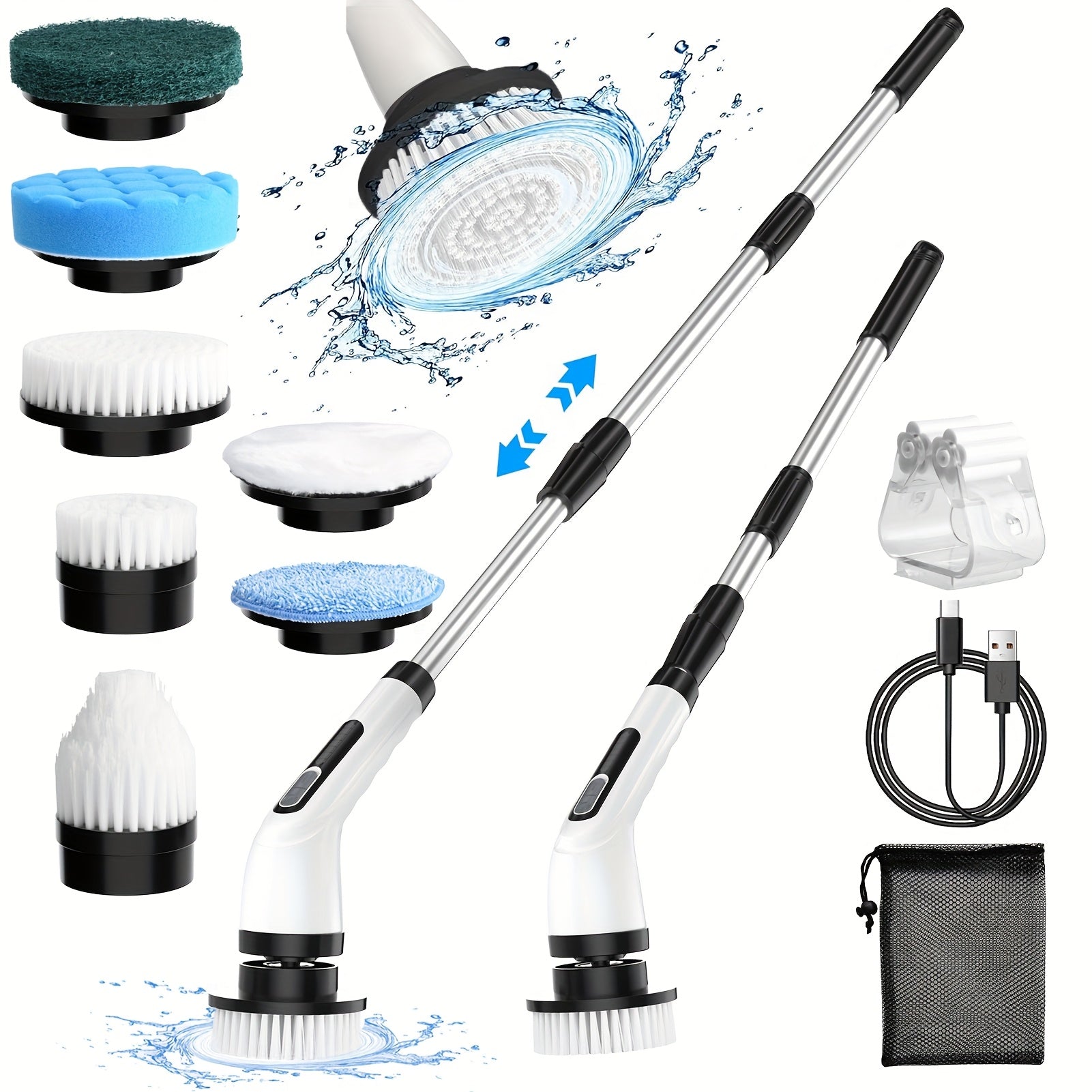 2024 Electric Spin Scrubber, Dual Adjustable Speeds Cordless Electric Scrubber For Cleaning, Adjustable & Detachable Handle Shower Scrubber With 7 Replaceable Brush Heads For Floor, Bathroom, Tub, Tile