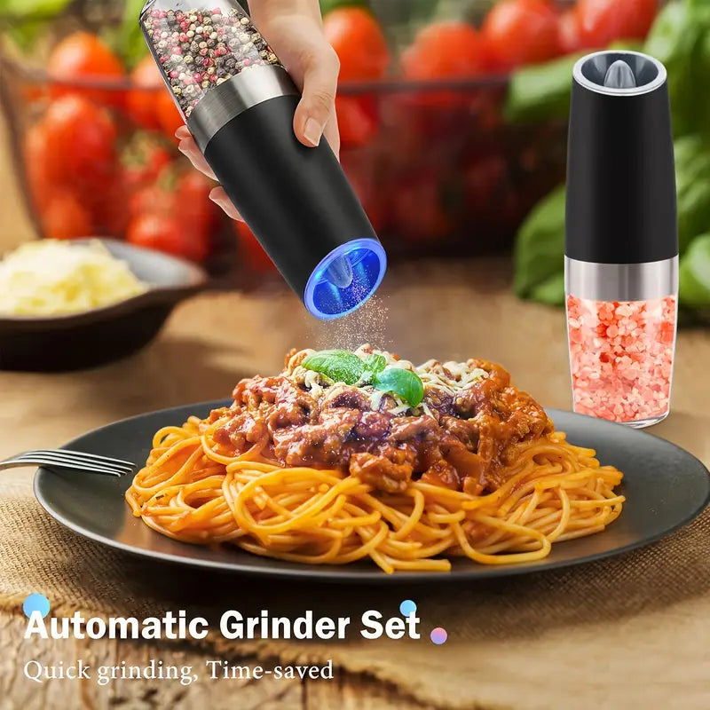 1/2 PCS Gravity Electric Salt and Pepper Grinder Set, Battery Powered LED Light One Hand Automatic Operation, Adjustable Coarseness Mill Grinders Shakers Black, Kitchen Gadgets Gift Ideas