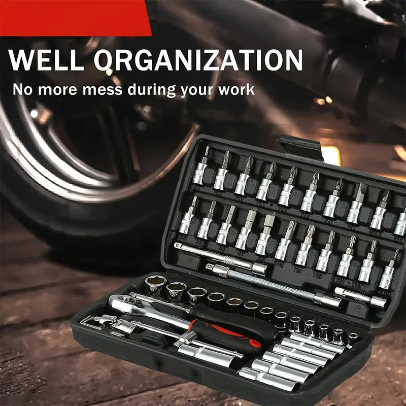 [Fast Arrival] 46pcs/53pcs Professional Automotive Master Tool Kit - Premium Tool Sets For Car, Bike, And Motorcycle Maintenance - Compact, Portable, And All-In-One Solution With Ratchet Wrench, Assorted Screwdriver Set, Without Battery