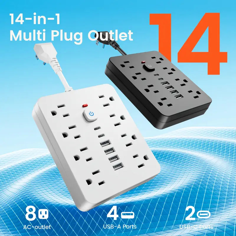 14-in-1 Power Strip with Surge Protector - 8 AC Outlets And 6 USB Ports (2 USB-C)| Flat Plug, Space Saving Design, Unique Short Cord Design, Overload Protection for Home, School, Office. Available In Black And White
