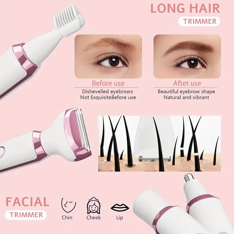 [Mother's Day Gift] 4-in-1 Rechargeable Electric Razor for Women Face, Nose, Legs, Underarm, Bikini Trimmer, Women's Electric Shaver Painless Grooming Kit - Portable USB Charging