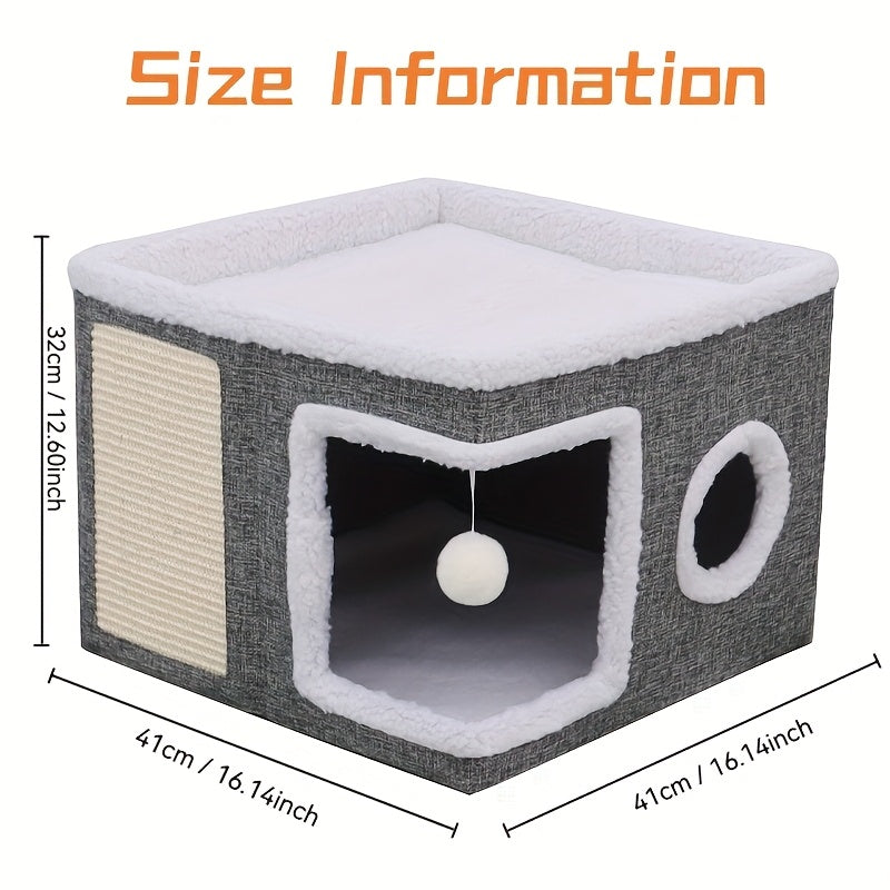 Luxury Multi-Level Cat House - 2-Layer Bed, Toy Tunnel, Foldable Sofa, Climbing Rope, & Soft Cushions - Indoor/Outdoor Cat Play Cube With Velvet Suspender Balls, Durable Nylon Frame, And Weatherproof And Canvas Ma- Perfect Home For Year-Round Comfort